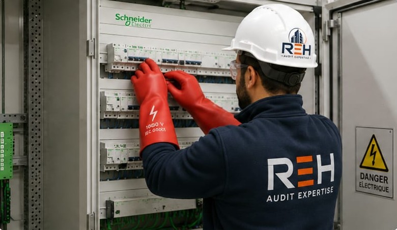 Technicien R&H Audit Expertise contrôlant un tableau électrique